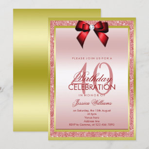 Romantic Red Bow & Sparkly Glitter 40th Birthday Invitation