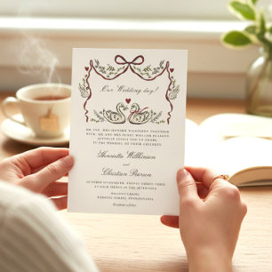 Romantic Red Bow Swans Formal Wedding Invitation