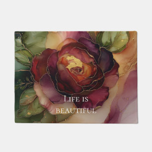 Romantic Red Burgundy Rose Gold Floral  Doormat