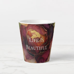 Romantic Red Burgundy Rose Gold Floral  Latte Mug