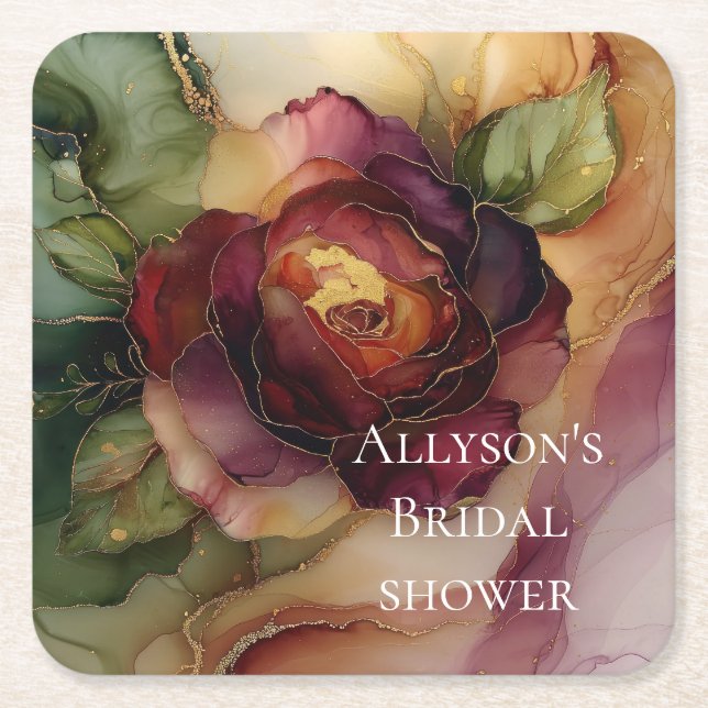 Romantic Red Burgundy Rose Gold Floral Wedding Square Paper Coaster (Front)