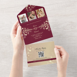 Romantic Red Burgundy Wedding All In One Invitation