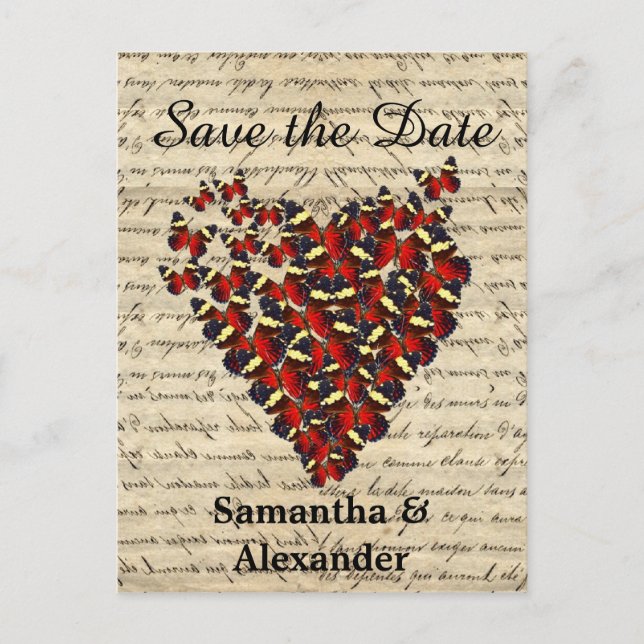 Romantic red butterfly heart save the date announcement postcard (Front)