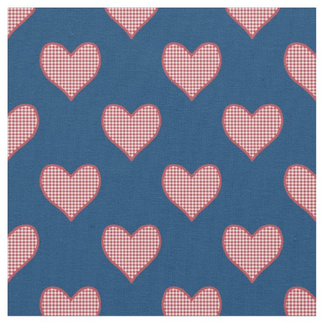 Romantic Red Check Gingham Hearts Custom Fabric (Close Up)