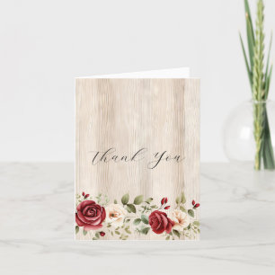 Romantic Red Cream Roses Faux Wood Thank You Card