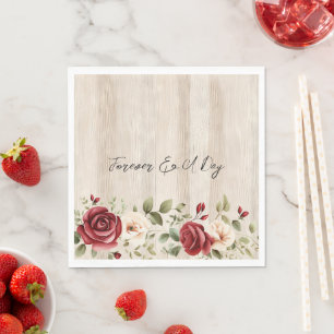 Romantic Red Cream Roses Faux Wood Wedding Napkin