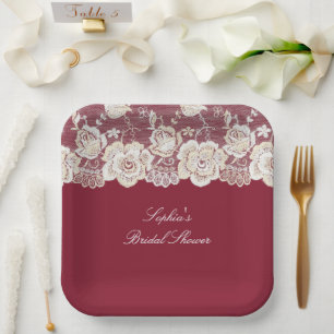 Romantic Red Cream White Lace Floral Wedding Paper Plate