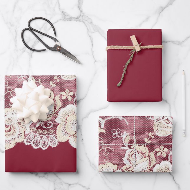 Romantic Red Cream White Lace Floral Wedding Wrapping Paper Sheet (Front)