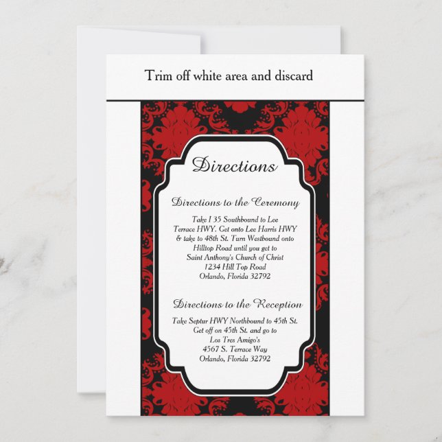 Romantic Red Damask 3.5x6 Directions Card (Front)