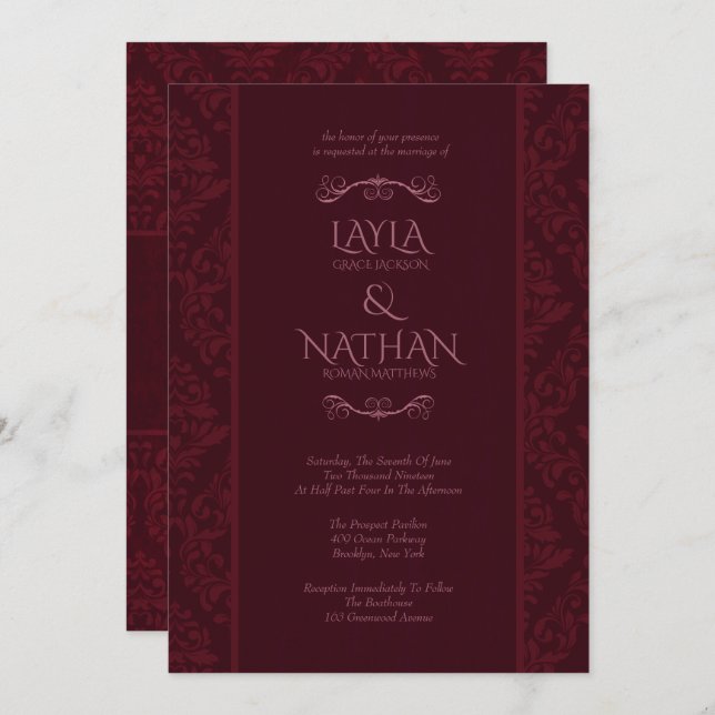 Romantic Red Damask Wedding Invitations (Front/Back)