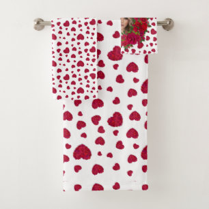 Romantic Red Dark Pink Roses Photo Border Bath Towel Set