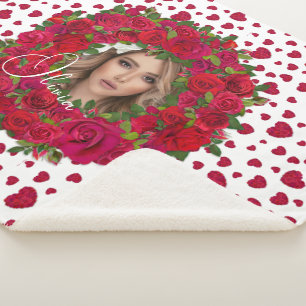 Romantic Red Dark Pink Roses Photo Border Sherpa Blanket