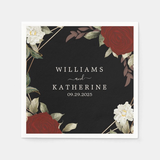 Romantic red Deep rose Floral Winter black wedding Napkin (Front)