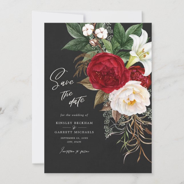 Romantic Red Floral Black Parchment Ivory Wedding Save The Date (Front)