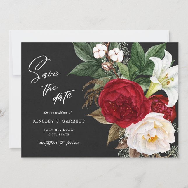 Romantic Red Floral Bouquet Black & White Wedding Save The Date (Front)