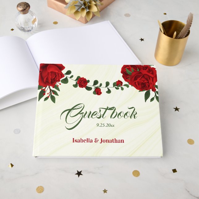 Romantic red flower greenery wedding guest book (Front Open)