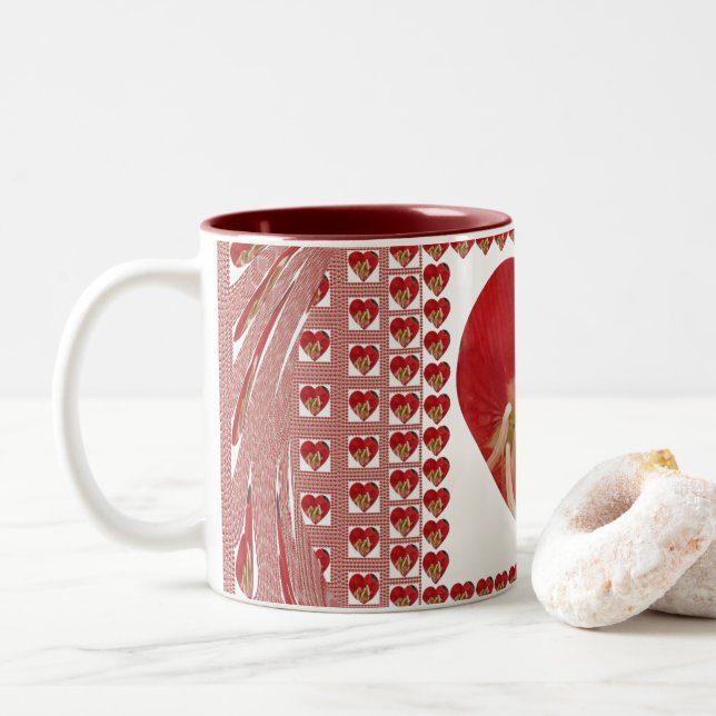 Romantic Red Flower Heart Design 4 Special Moments Two-Tone Coffee Mug (With Donut)