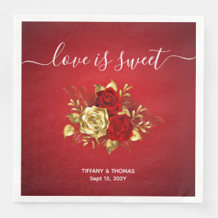 Romantic Red & Gold Rose Wedding Dinner Napkins
