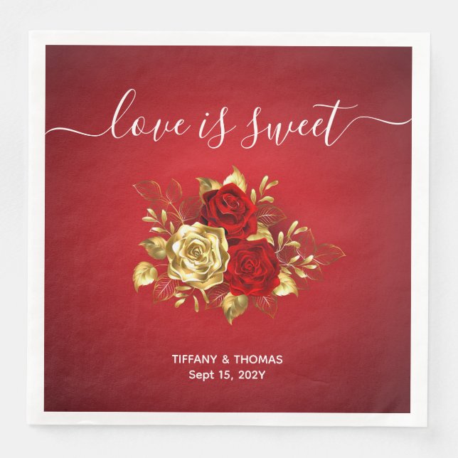 Romantic Red & Gold Rose Wedding Dinner Napkins (Front)
