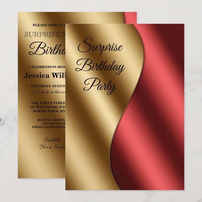 Romantic Red & Gold Waves Surprise Birthday Invitation (Front/Back)