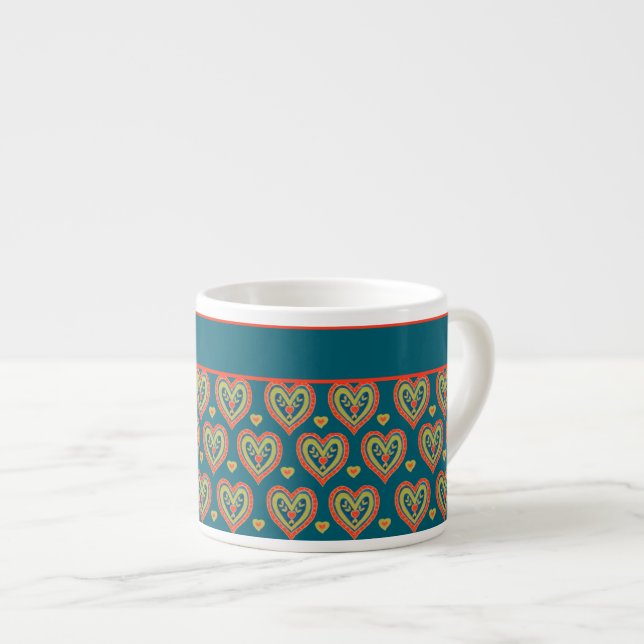 Romantic Red, Green Hearts on Teal Espresso Cup (Front Right)