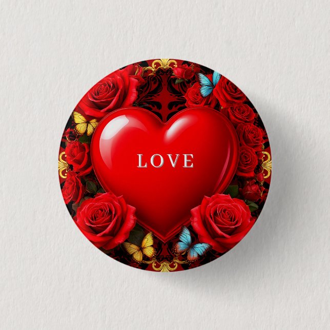 Romantic Red Heart Framed by Roses and Butterflies 1 Inch Round Button (Front)