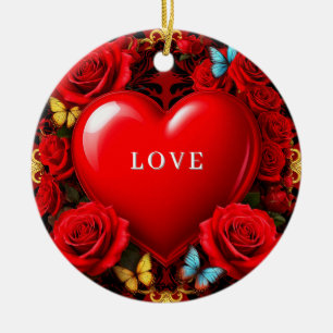 Romantic Red Heart Framed by Roses and Butterflies Ceramic Ornament