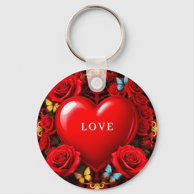 Romantic Red Heart Framed by Roses and Butterflies Keychain (Front)