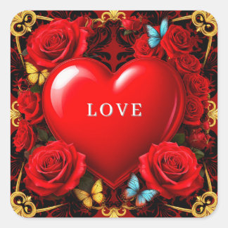 Romantic Red Heart Framed by Roses and Butterflies Square Sticker