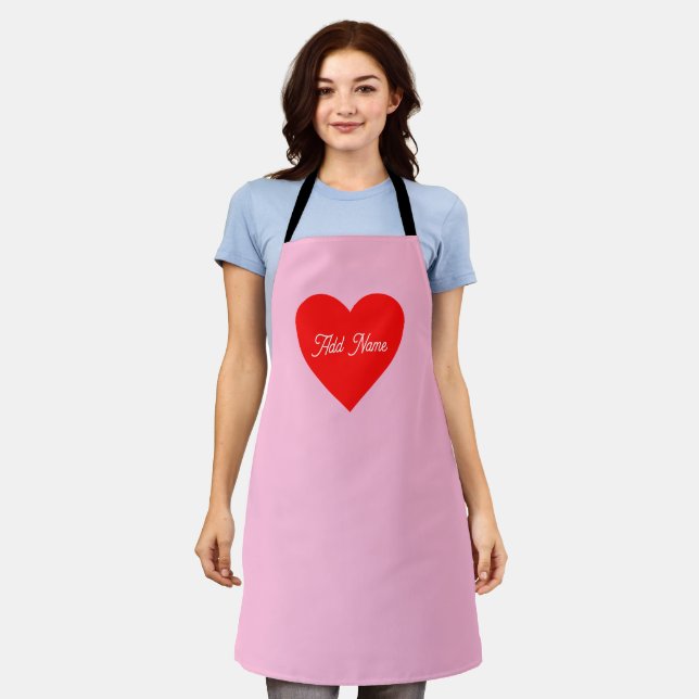 Romantic Red Heart Pastel Pink Personalized Apron (Worn)