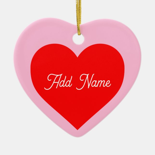 Romantic Red Heart Pastel Pink Personalized Ceramic Ornament (Front)