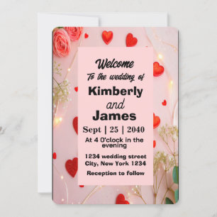 Romantic Red Heart & Rose Wedding Invitation