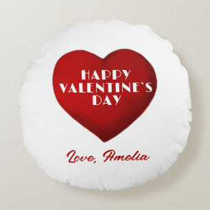Romantic Red Heart with Name Valentine`s Day Round Pillow
