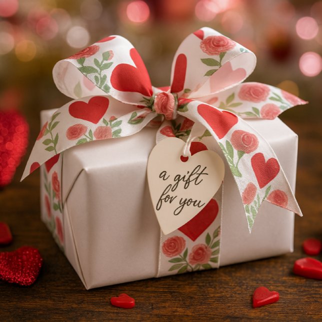 Romantic Red Hearts Pink Roses  Satin Ribbon (Romantic Valentine's Day presentation featuring a white gift adorned with a heart-shaped bow)