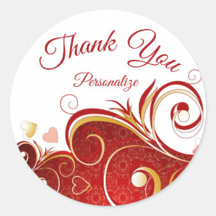 Romantic Red Hearts & Ribbon Thank You Personalize Classic Round Sticker