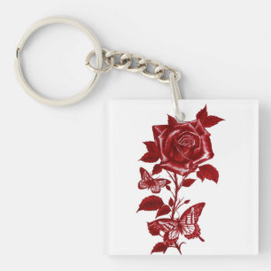 Romantic Red Ink Rose and Butterflies Graphickeych Keychain