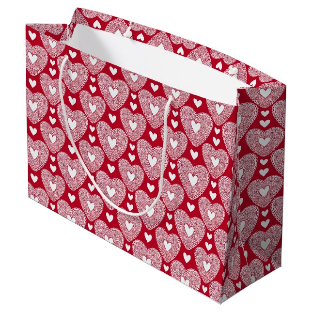 Romantic Red Lace Heart Valentine's Day Pattern Large Gift Bag (Back Angled)