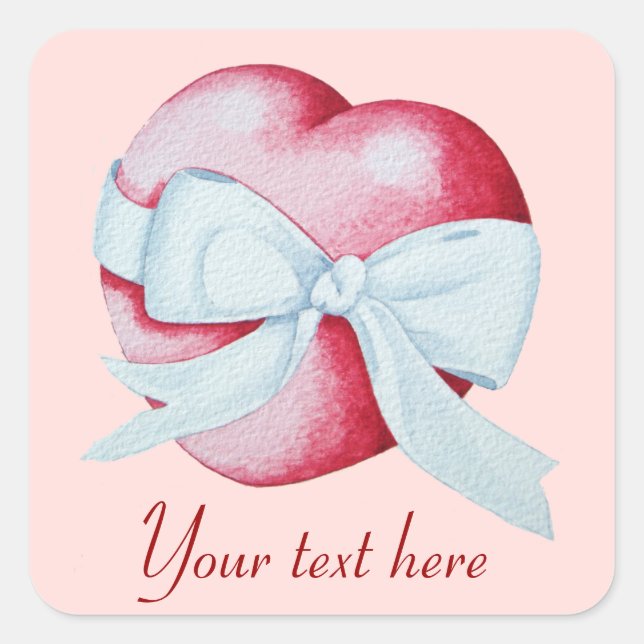 romantic red love heart and white bow square sticker (Front)