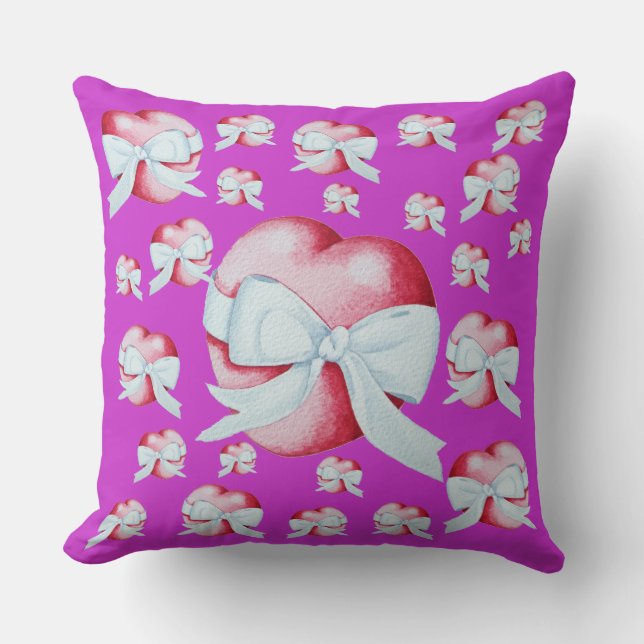 romantic red love heart and white bow throw pillow (Front)