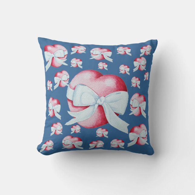 romantic red love heart and white bow throw pillow (Front)