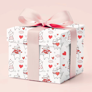 Romantic Red Love Heart Kitty Cats Valentines Wrapping Paper