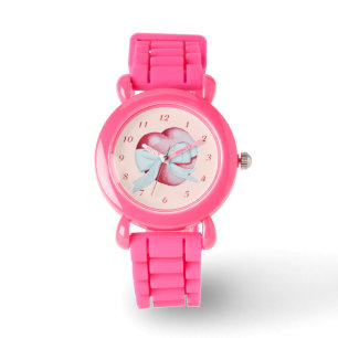 romantic red love heart & white bow on pink watch