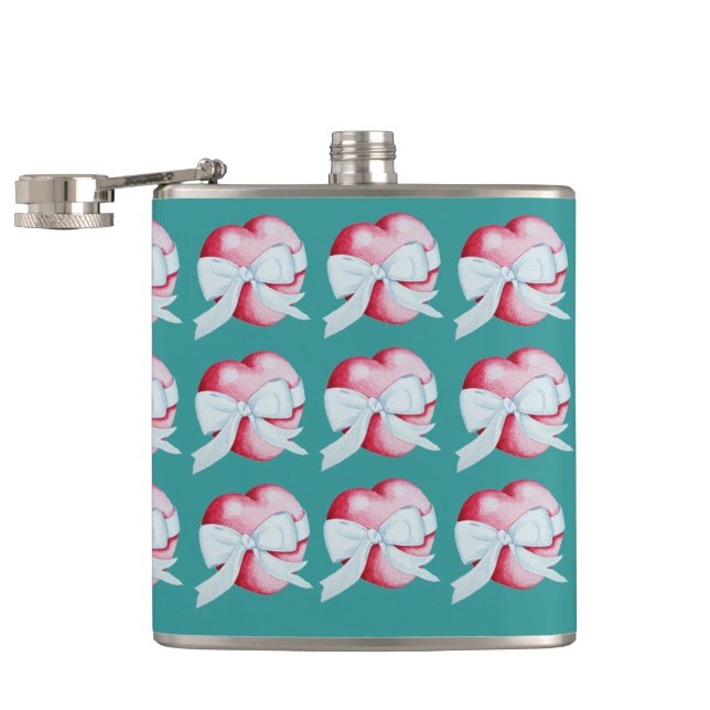 romantic red love heart white bow original design hip flask (Opened)