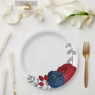 romantic red & navy flowers silver botanical paper plate
