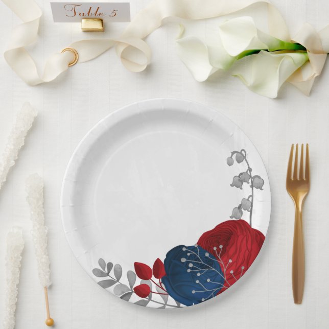 romantic red & navy flowers silver botanical paper plate (Wedding)