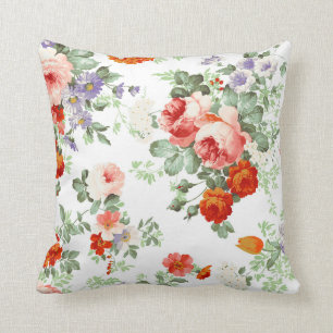 Romantic Red Orange Retro Girly Roses Floral Throw Pillow