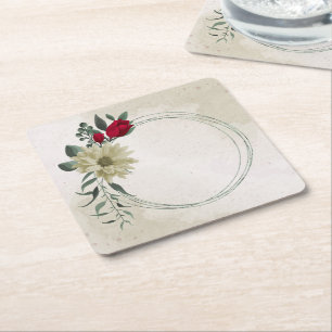 romantic red & pale yellow flowers square paper coaster