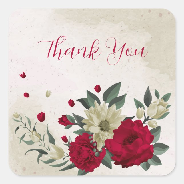 romantic red & pale yellow flowers square sticker (Front)