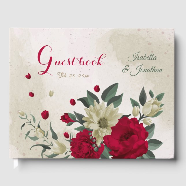 romantic red & pale yellow flowers wedding guest book (Front)
