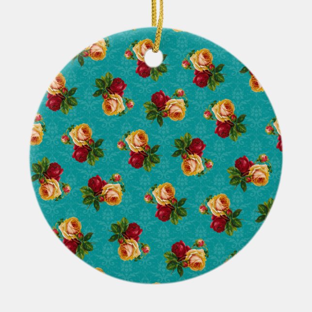 Romantic Red Peach Rose Pattern Teal Damask Ceramic Ornament (Front)